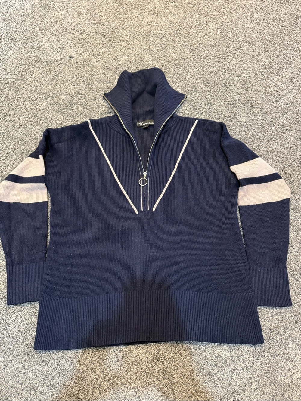 Women's Navy Half-Zip Sweater with Cream Stripe Detail